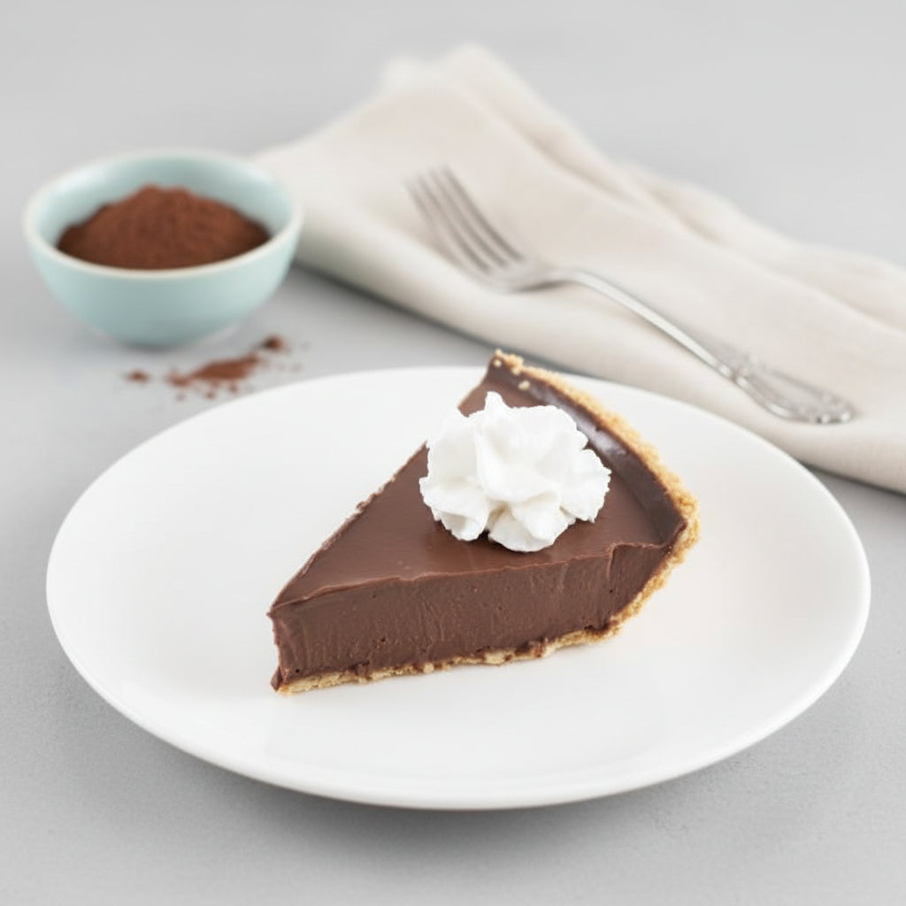 A slice of cherry chocolate pie made with Monin Black Cherry Puree, with a whipped cream dollop on top and served on a white plate.