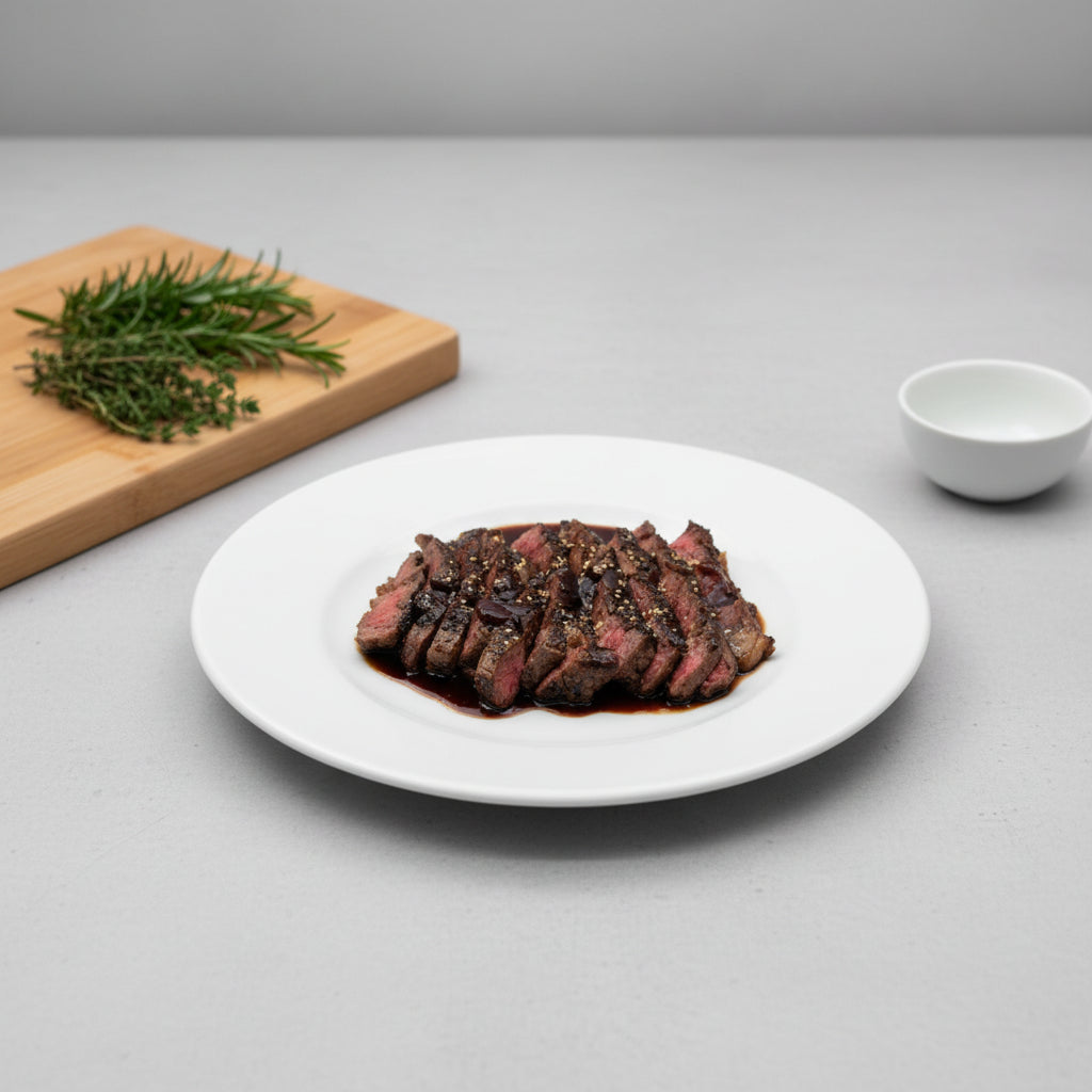 Sliced steak served with a rich Monin Black Cherry Syrup sauce, garnished with herbs, on a white plate