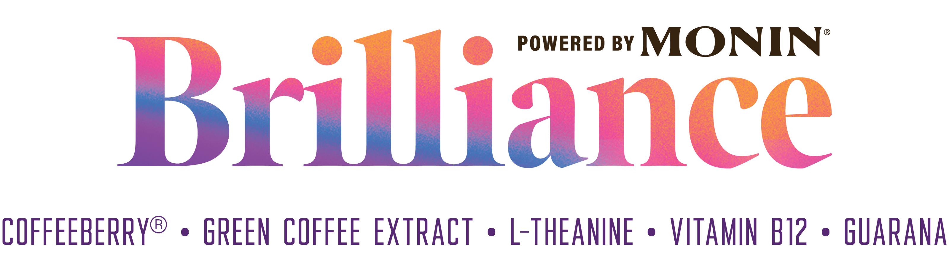 Brilliance powered by Monin including ingredients Coffee Berry, Green Coffee Extract, L-Theanine, Vitamin B12, and Guarana