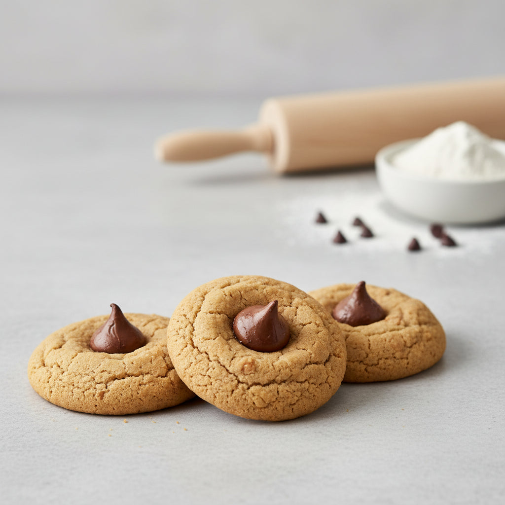 Three golden-brown cookies made with Monin Tart Cherry Syrup with chocolate in the center