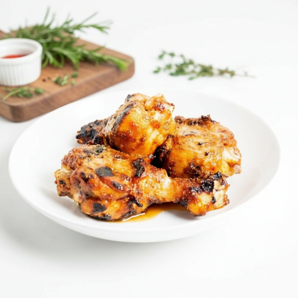 Baked chicken wings with a crispy texture on a white plate