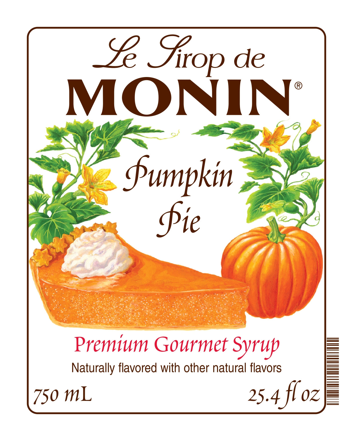 Le Sirop de Monin Pumpkin Pie syrup label with pumpkin pie and pumpkin illustration.