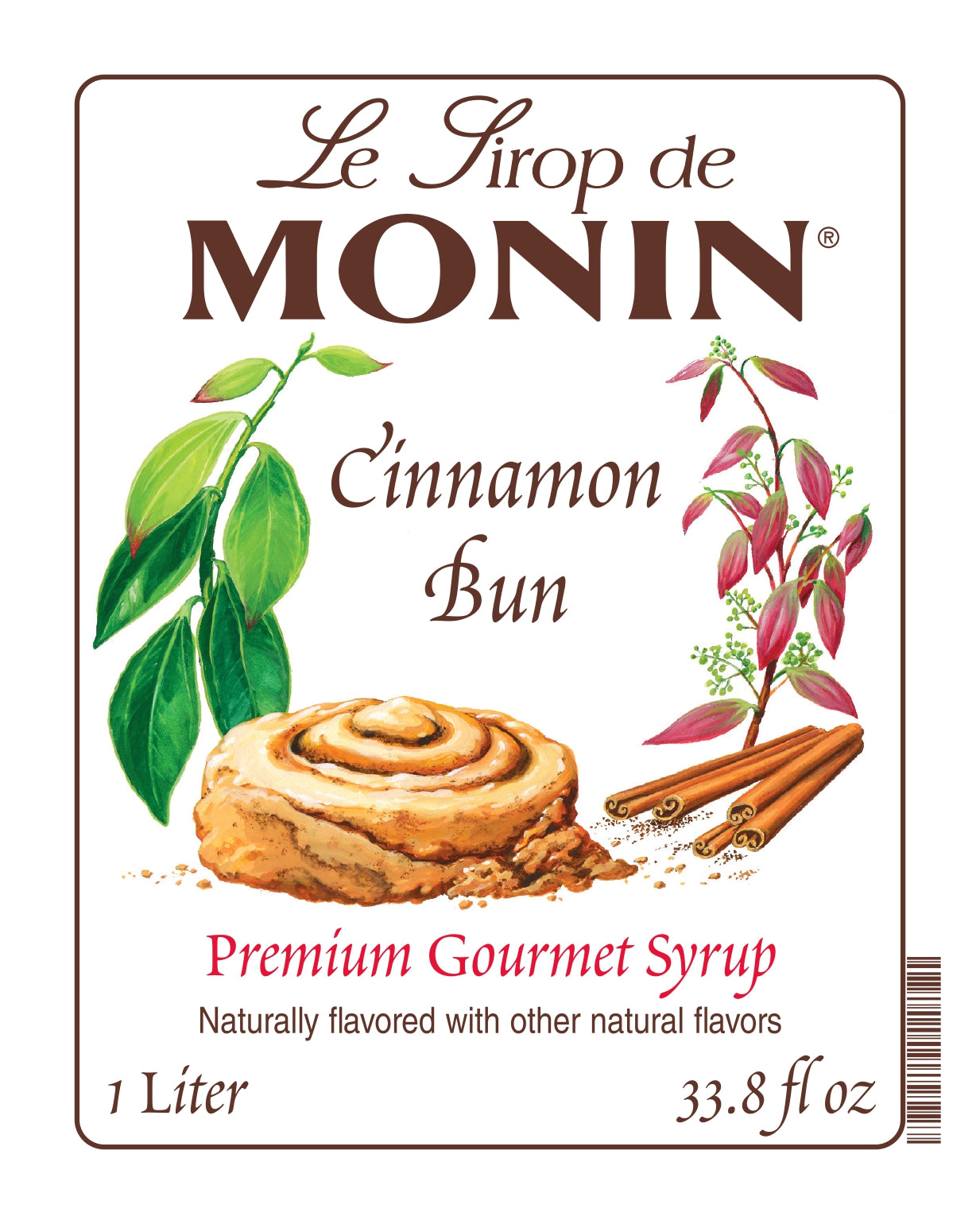 1-Liter Monin Cinnamon Bun syrup label with cinnamon bun and cinnamon sticks illustration. 1-Liter
