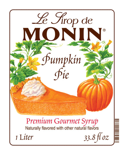 Le Sirop de Monin Pumpkin Pie syrup label with a pumpkin pie and pumpkin illustration.