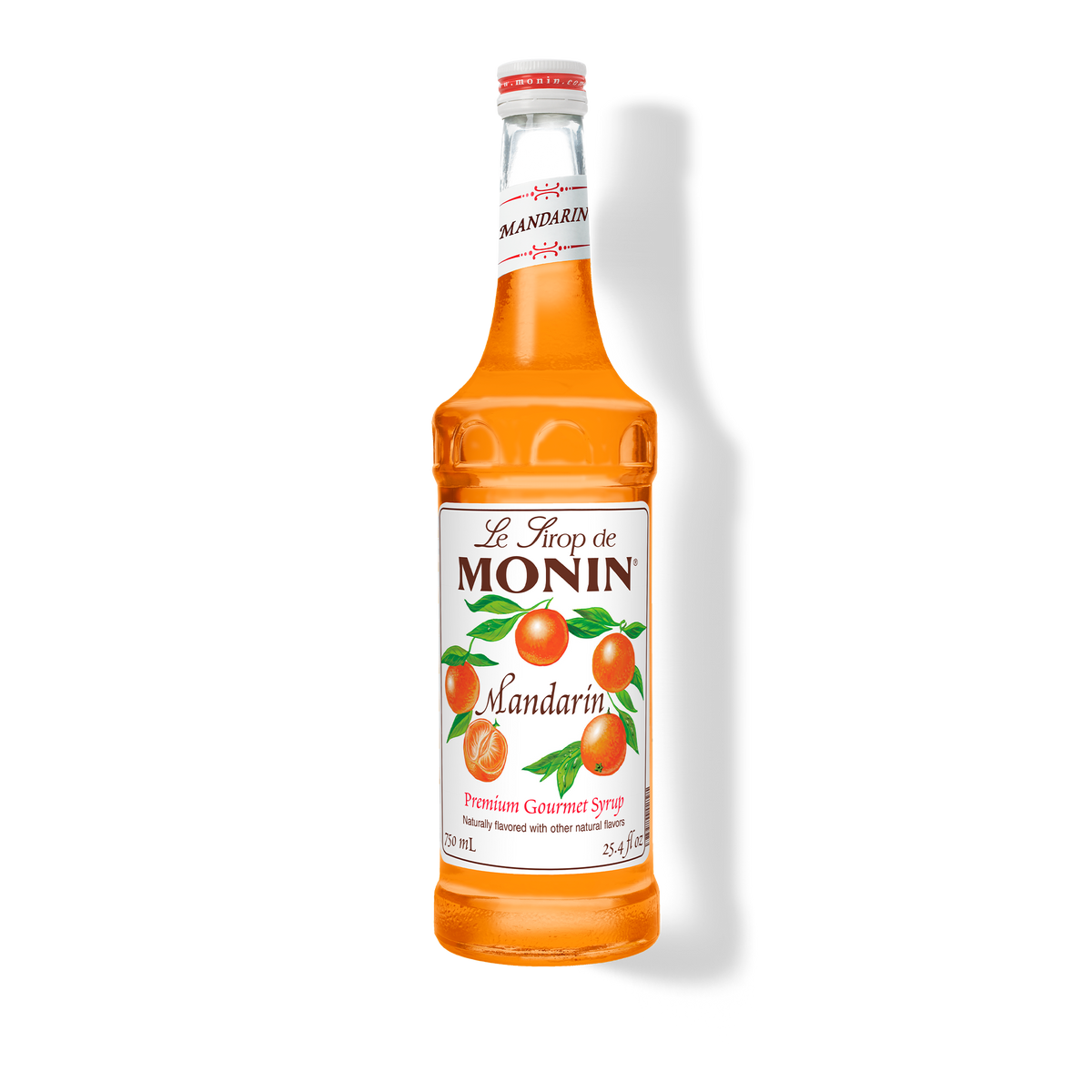 Bottlel of Le Sirop de Monin Mandarin Premium Gourmet Syrup, 750 mL (25.4 fl oz), featuring illustrations of mandarin oranges and green leaves.