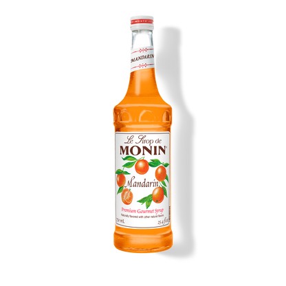 Bottlel of Le Sirop de Monin Mandarin Premium Gourmet Syrup, 750 mL (25.4 fl oz), featuring illustrations of mandarin oranges and green leaves.