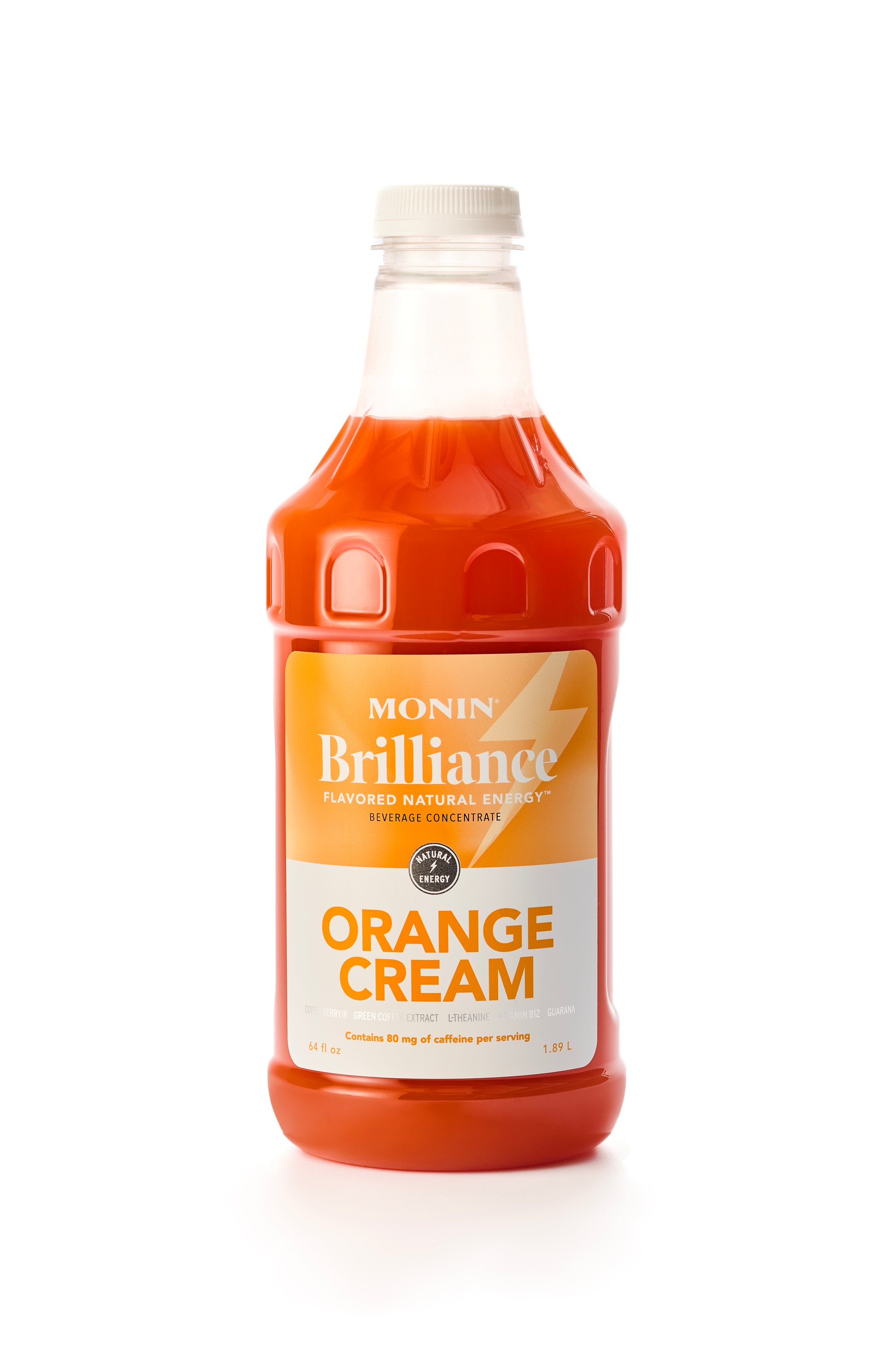 Monin Brilliance Orange Cream syrup bottle on a white background