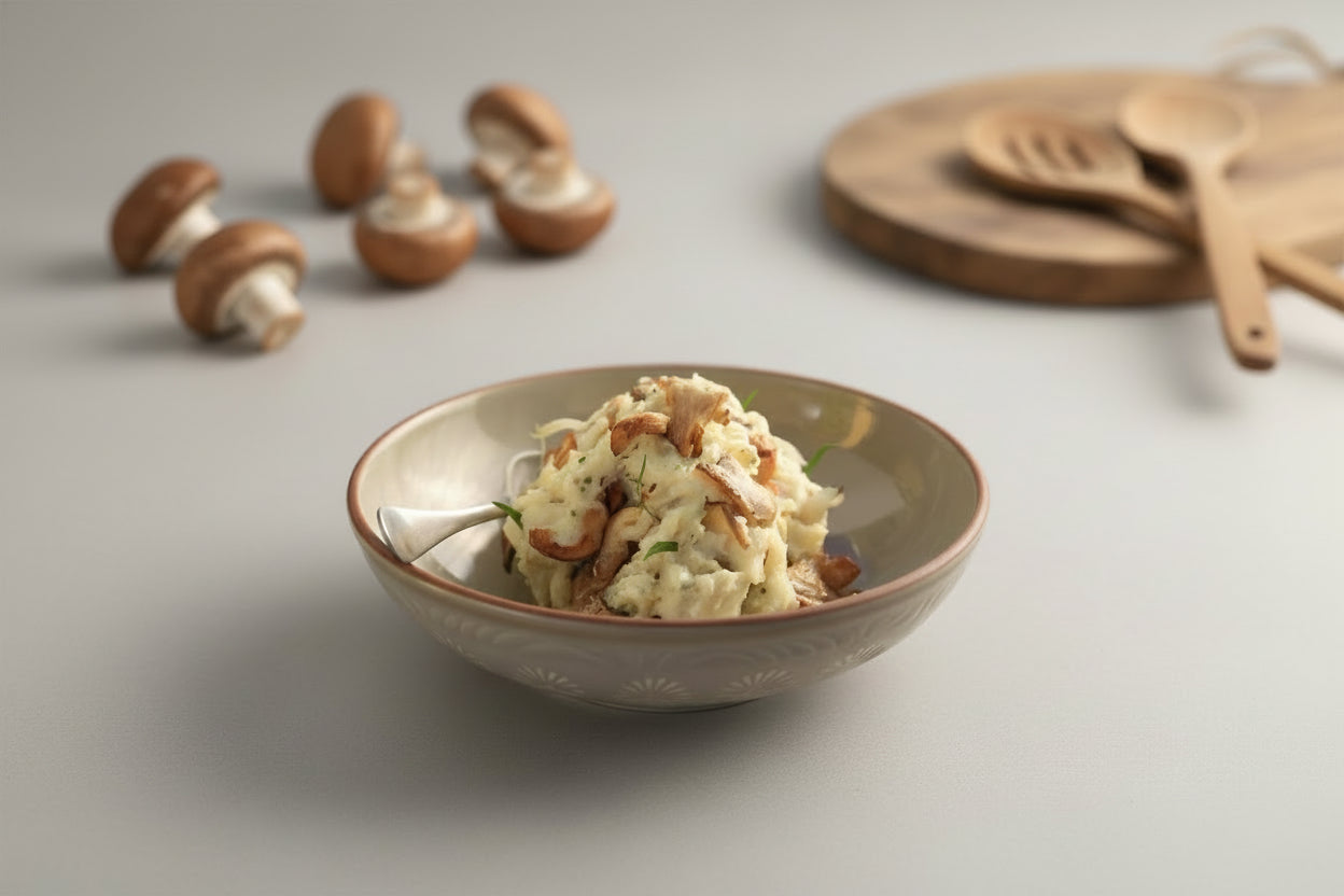 Bowl of mashed potatos with mushrooms on a light surface