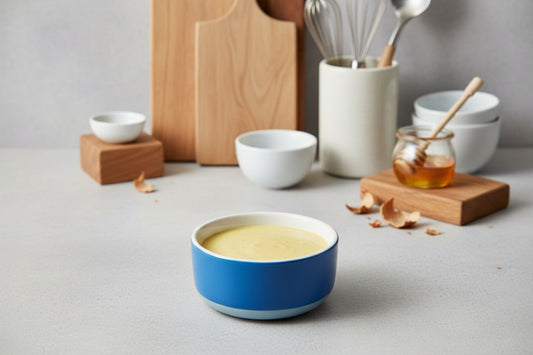 Blue bowl with yellow liquid on a gray surface, surrounded by kitchen items.
