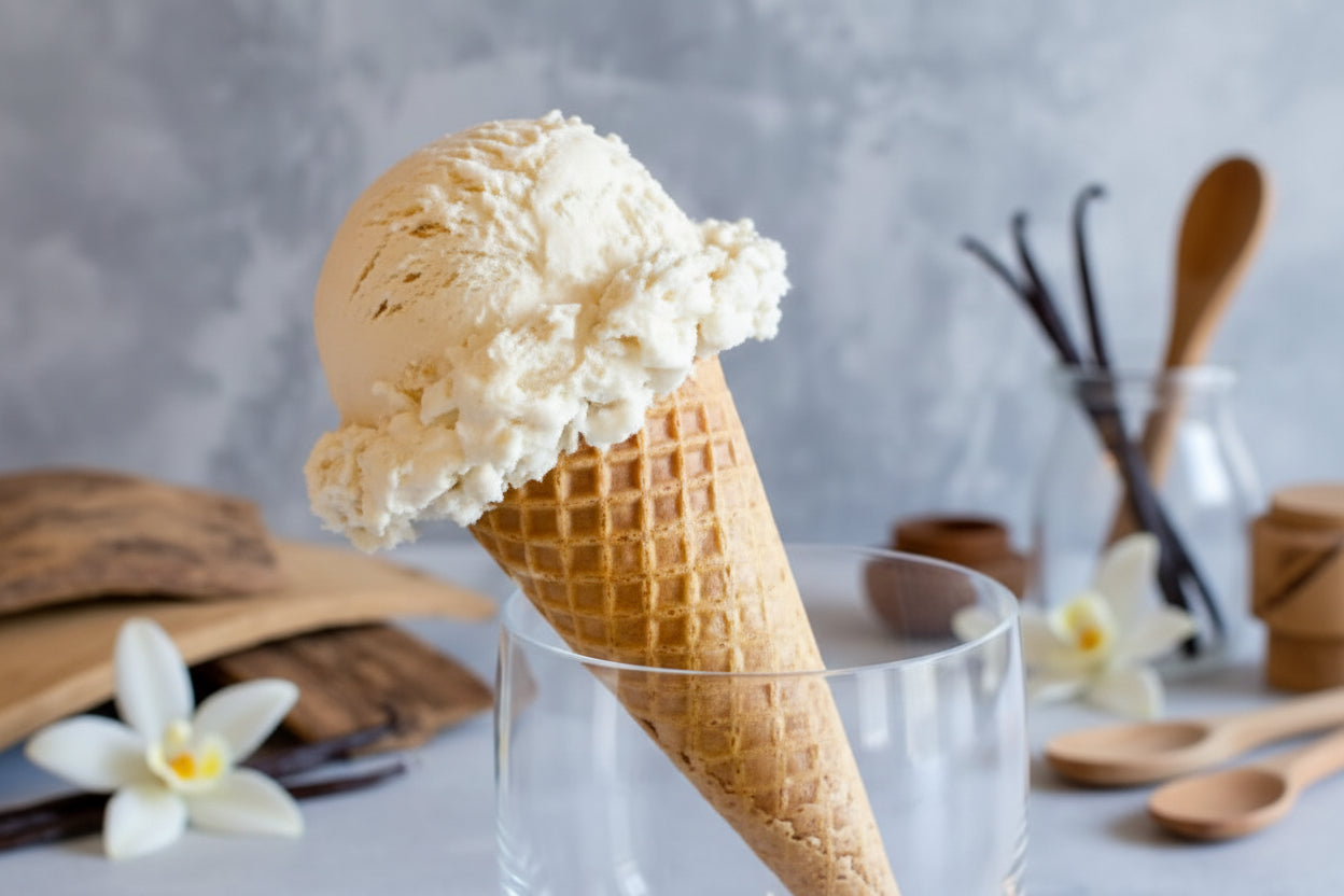 Ice cream cone with vanilla ice cream on a gray surface with flowers and wooden spoons.