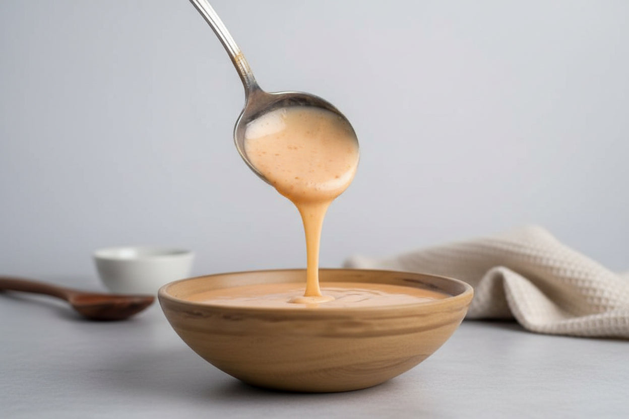 Spoon pouring a creamy sauce into a wooden bowl on a light gray background