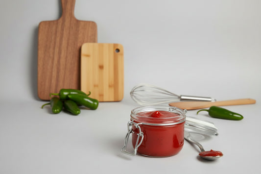 Jar of ketchup with jalapeños, wooden cutting boards, and a whisk on a light gray background