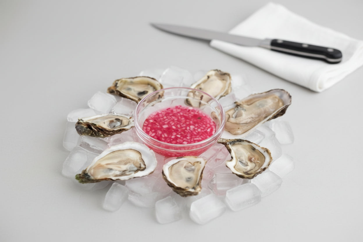 Oysters on a bed of ice with a small bowl of pink sauce in the center.