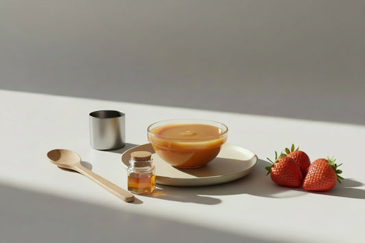 Glass bowl filled with a creamy orange sauce on a white background with a few strawberries and a small honey container on the side. 