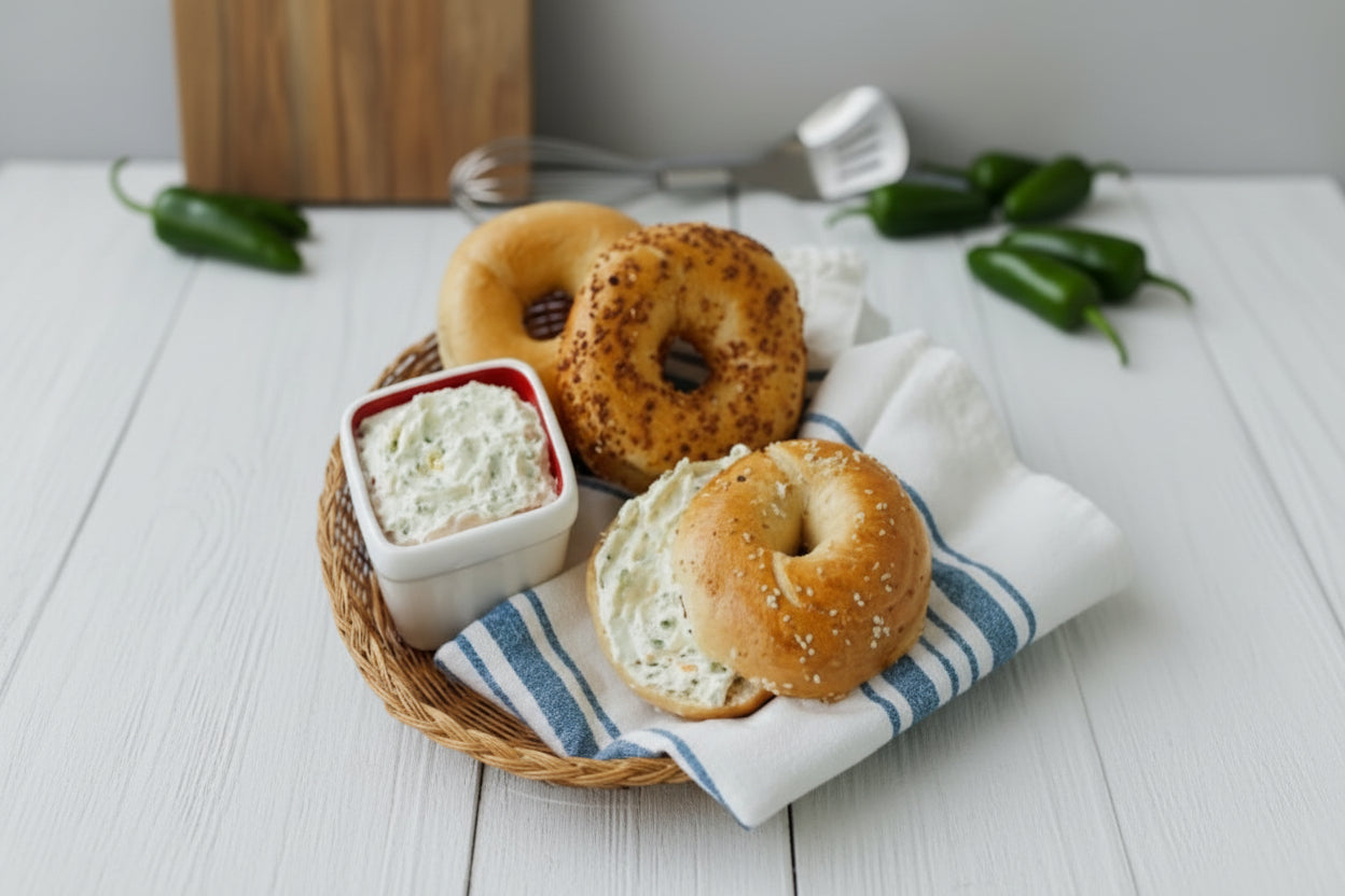 Bagels with cream cheese on a wooden tray with jalapeños in the background.
