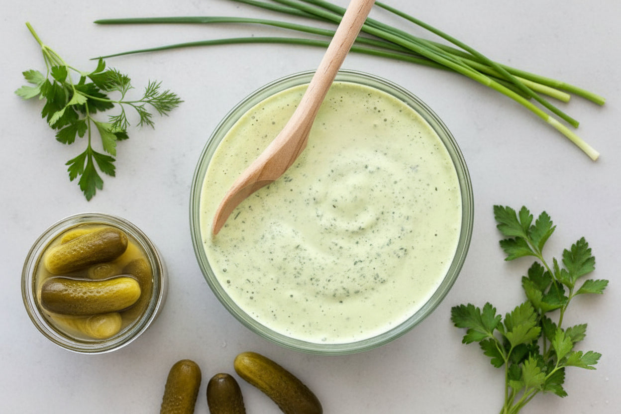 Green sauce in a glass bowl with pickles and herbs on a white surface