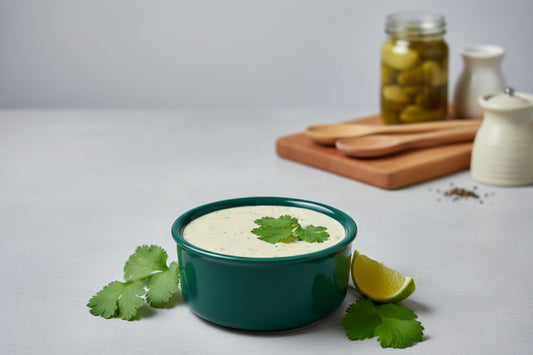 Green bowl of creamy dip with cilantro and lime on a gray surface