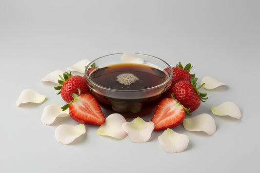 Glass bowl filled with dark liquid on a white background and a few strawberries and rose petals on the side