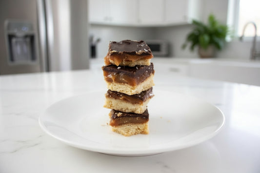 Stack of layered dessert bars on a white plate