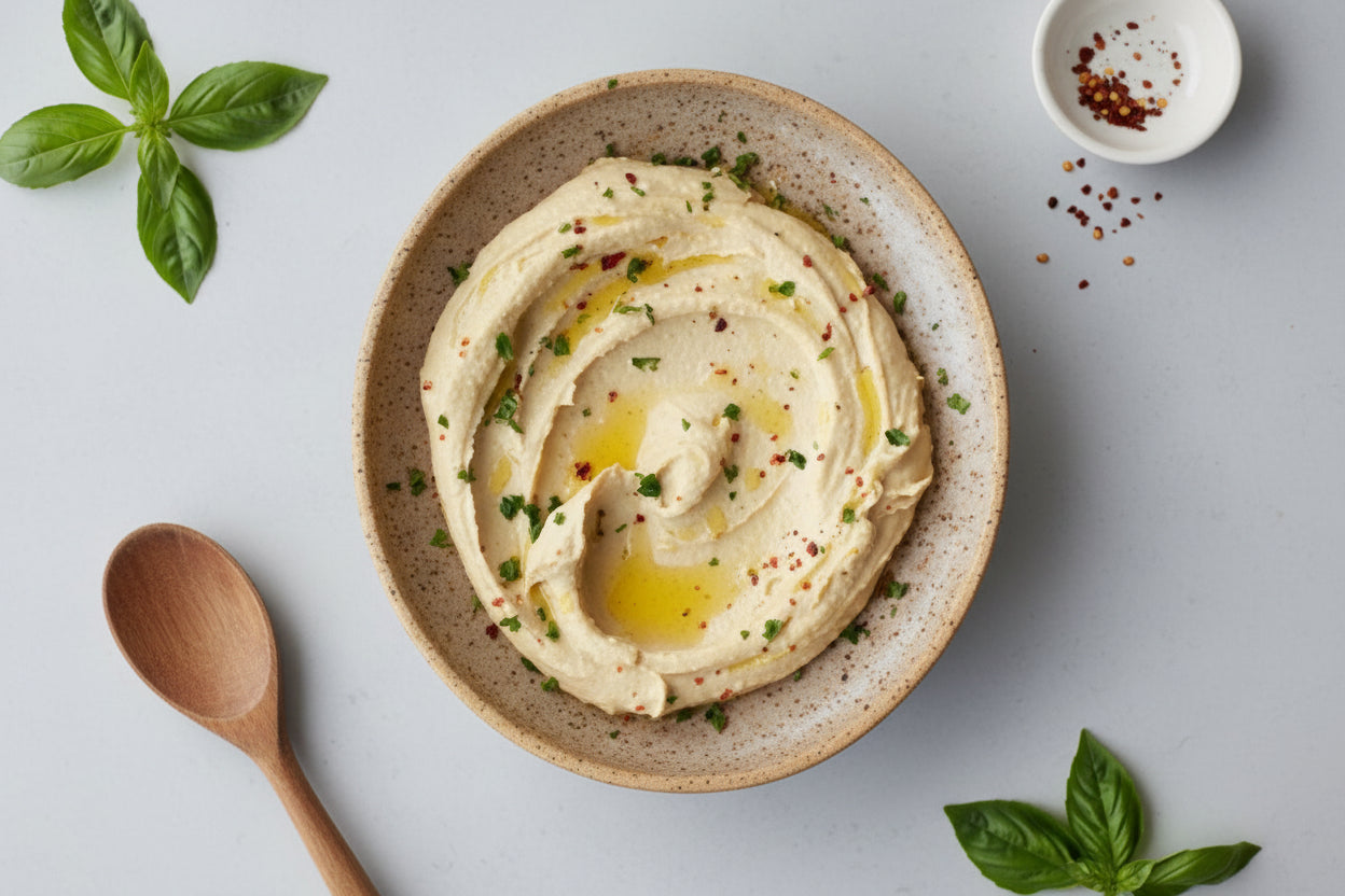 Hummus in a bowl with basil leaves on a light gray background