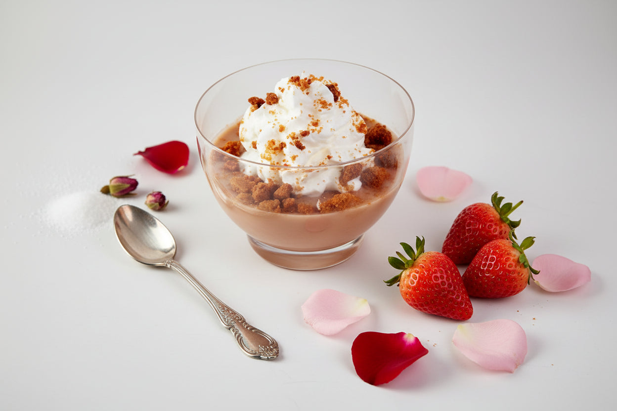 Dessert in a glass bowl with whipped cream and crumbled cookies on a white background
