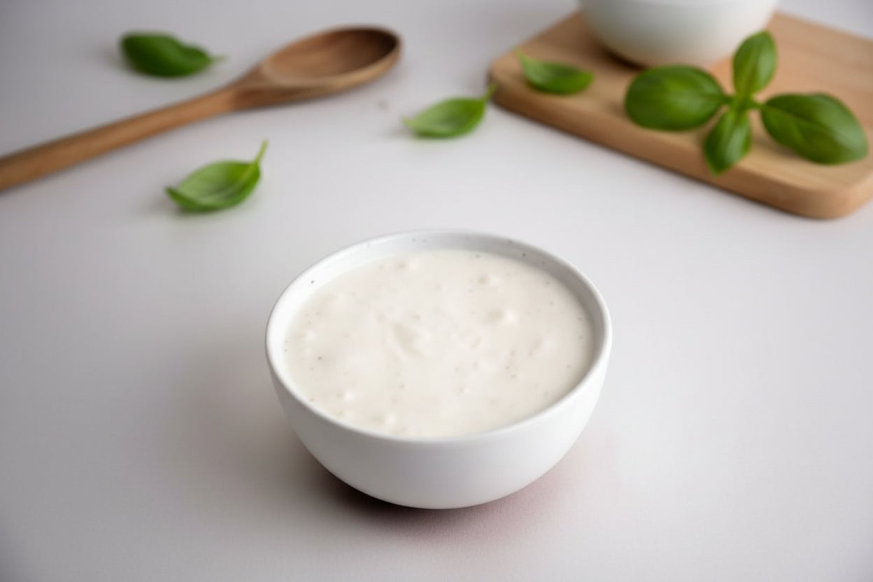 White bowl of creamy sauce on a light surface with basil leaves and a wooden spoon.