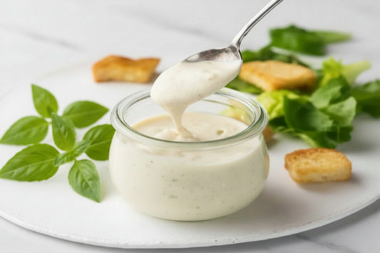 Glass jar of creamy sauce with a spoon, surrounded by croutons and basil leaves on a white plate.
