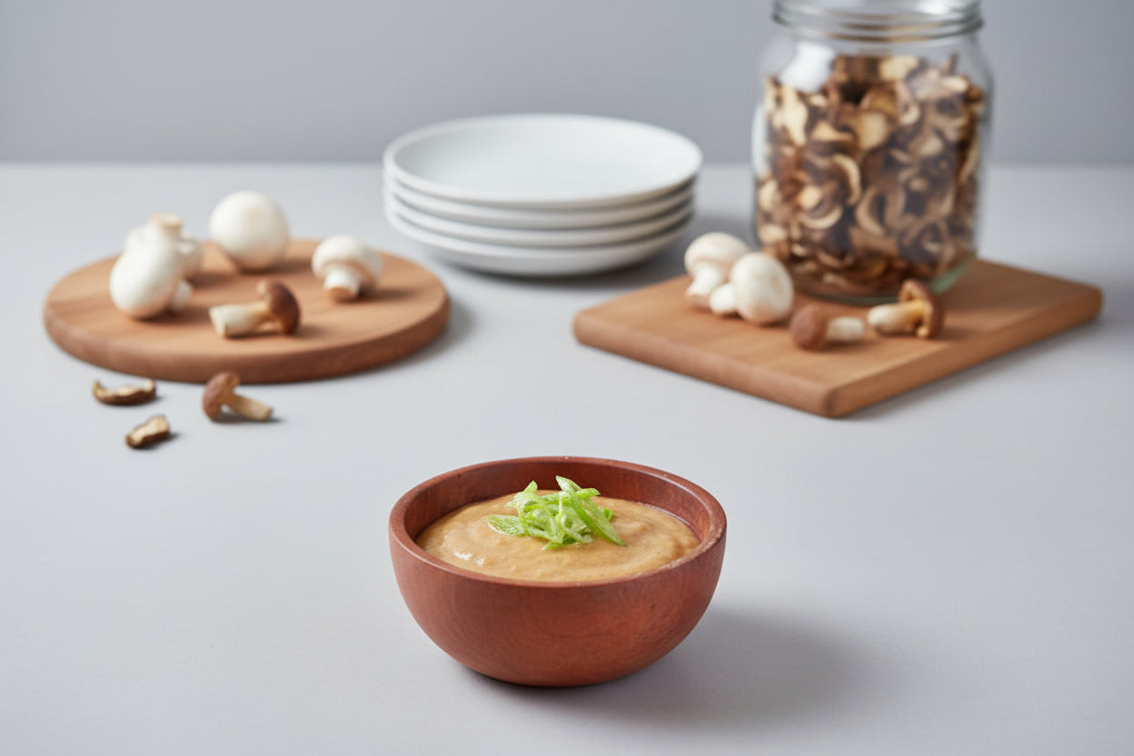 Bowl of mushroom aioli with mushrooms on a table