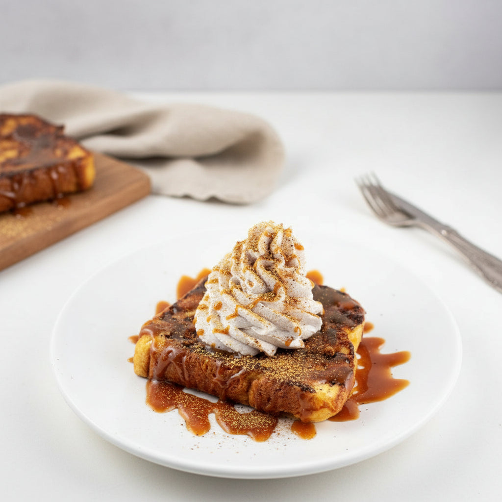 Pumpkin Pie French Toast made with Monin Pumpkin Pie Syrup, topped with whipped cream, warm spices and syrup for a seasonal fall breakfast.