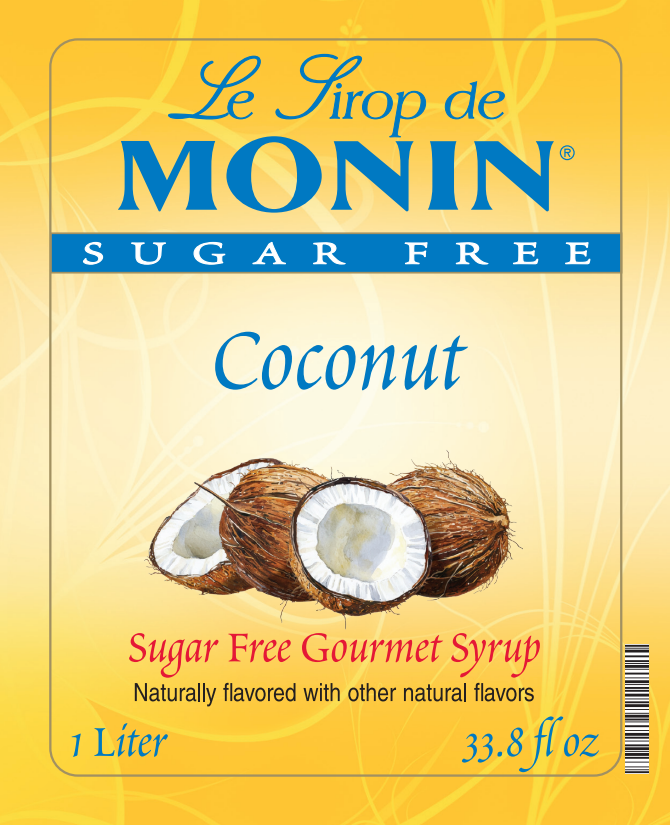 Front of a Le Sirop de Monin sugar-free coconut syrup package, showing a yellow label with blue branding, the word 'Coconut,' an illustration of coconuts, and text indicating 1 liter / 33.8 fl oz.