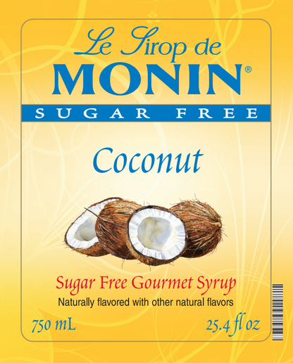 Front of a Le Sirop de Monin Sugar Free Coconut syrup bottle label, with yellow background, blue brand text, a coconut illustration, and flavor text.