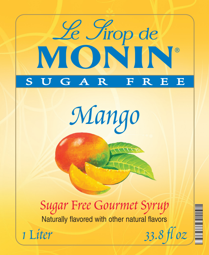 Front of a Le Sirop de Monin Sugar Free Mango syrup bottle label, showing a yellow background, blue brand text, and a mango illustration with green leaves.