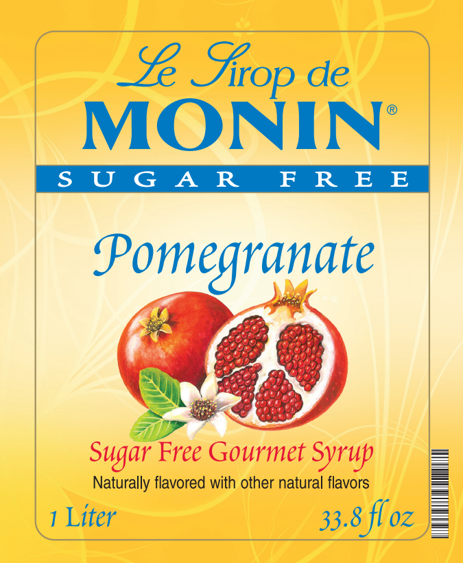 Front of a Le Sirop de MONIN Sugar Free Pomegranate syrup package, showing a yellow label with a pomegranate and white flower illustration, plus text indicating 1 Liter / 33.8 fl oz.
