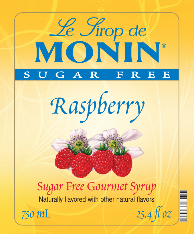 Front of a Le Sirop de MONIN Sugar Free Raspberry syrup bottle label, with a yellow background, blue brand text, raspberry illustration, and flavor text.