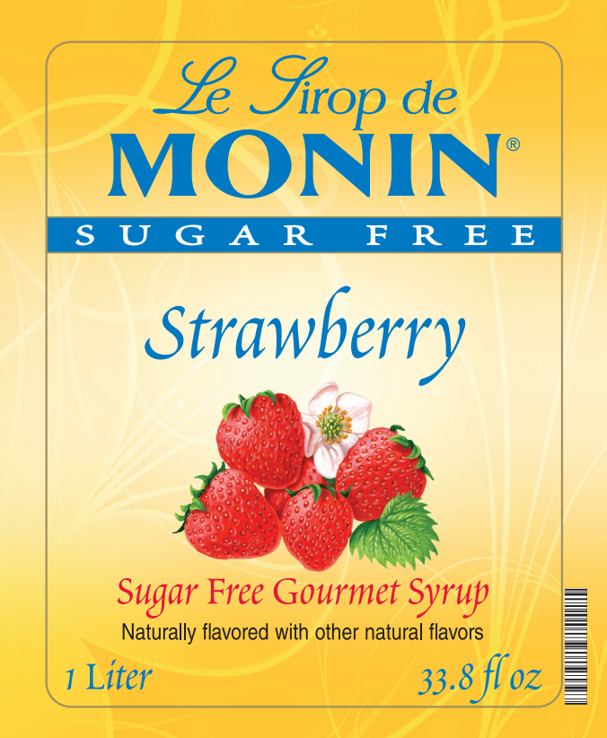 Front of a Le Sirop de Monin Strawberry Sugar Free Gourmet Syrup bottle label, showing strawberries and a flower on a yellow background with the brand name in large blue letters.