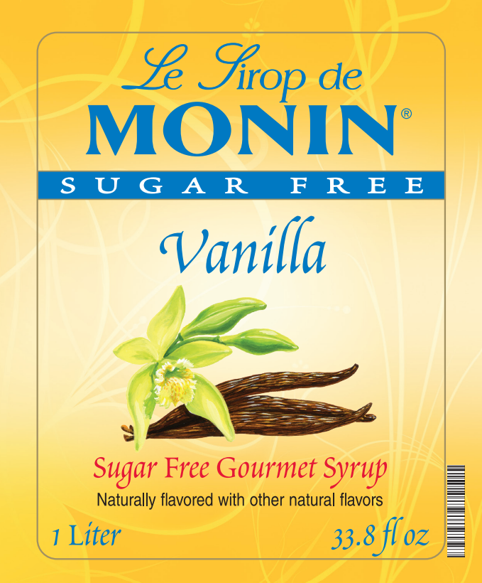 Front of a Le Sirop de MONIN Sugar Free Vanilla syrup carton, showing a yellow label with blue branding, vanilla flower and bean illustration, and text indicating 1 Liter / 33.8 fl oz.