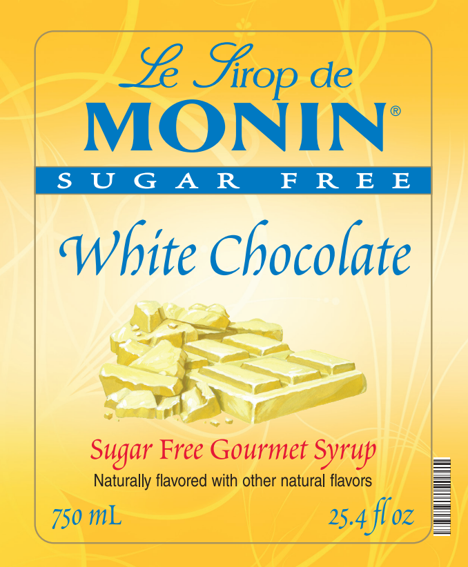 Front of a Le Sirop de Monin White Chocolate Sugar Free Gourmet Syrup package, showing a yellow label with blue branding, white chocolate imagery, and product text.