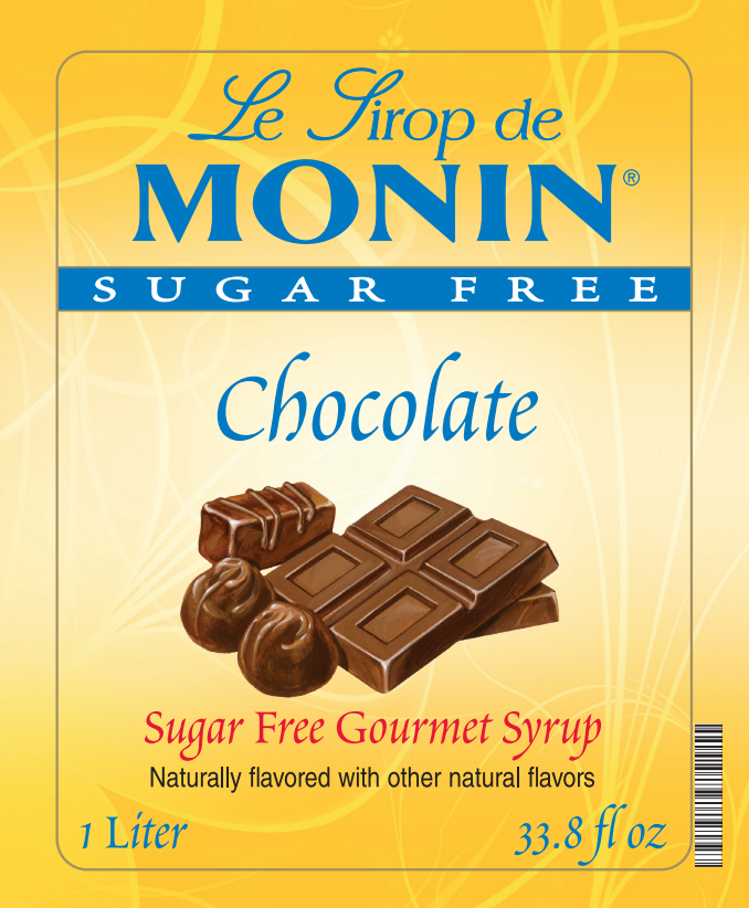 Front of a Le Sirop de Monin Sugar Free Chocolate syrup bottle label, showing chocolate pieces, the brand name in large blue letters, and flavor text on a yellow background.
