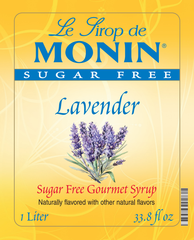 Front of a Le Sirop de Monin Lavender Sugar Free Gourmet Syrup package, showing a yellow label with blue branding, lavender flower illustration, and text indicating 1 Liter / 33.8 fl oz.