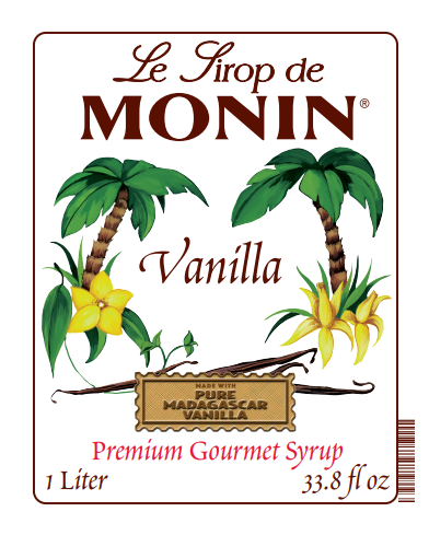 1 liter vanilla label on white background with palm trees 