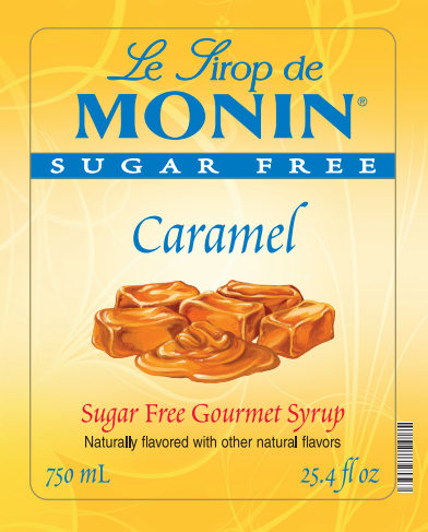 Front of a Le Sirop de Monin Sugar Free Caramel syrup bottle label, showing caramel pieces and swirls on a yellow background with blue and red text.