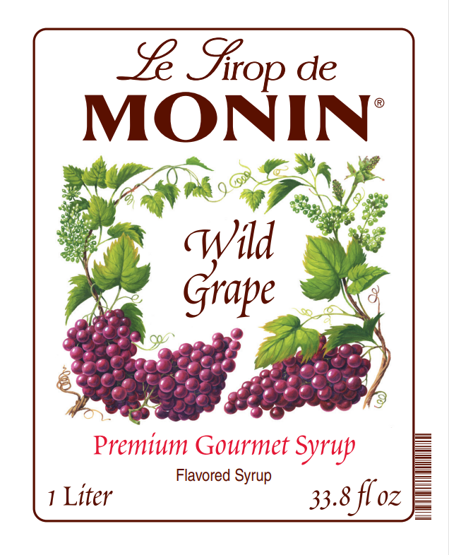1L monin syrup bottle label with wild grape title and grape illustrations