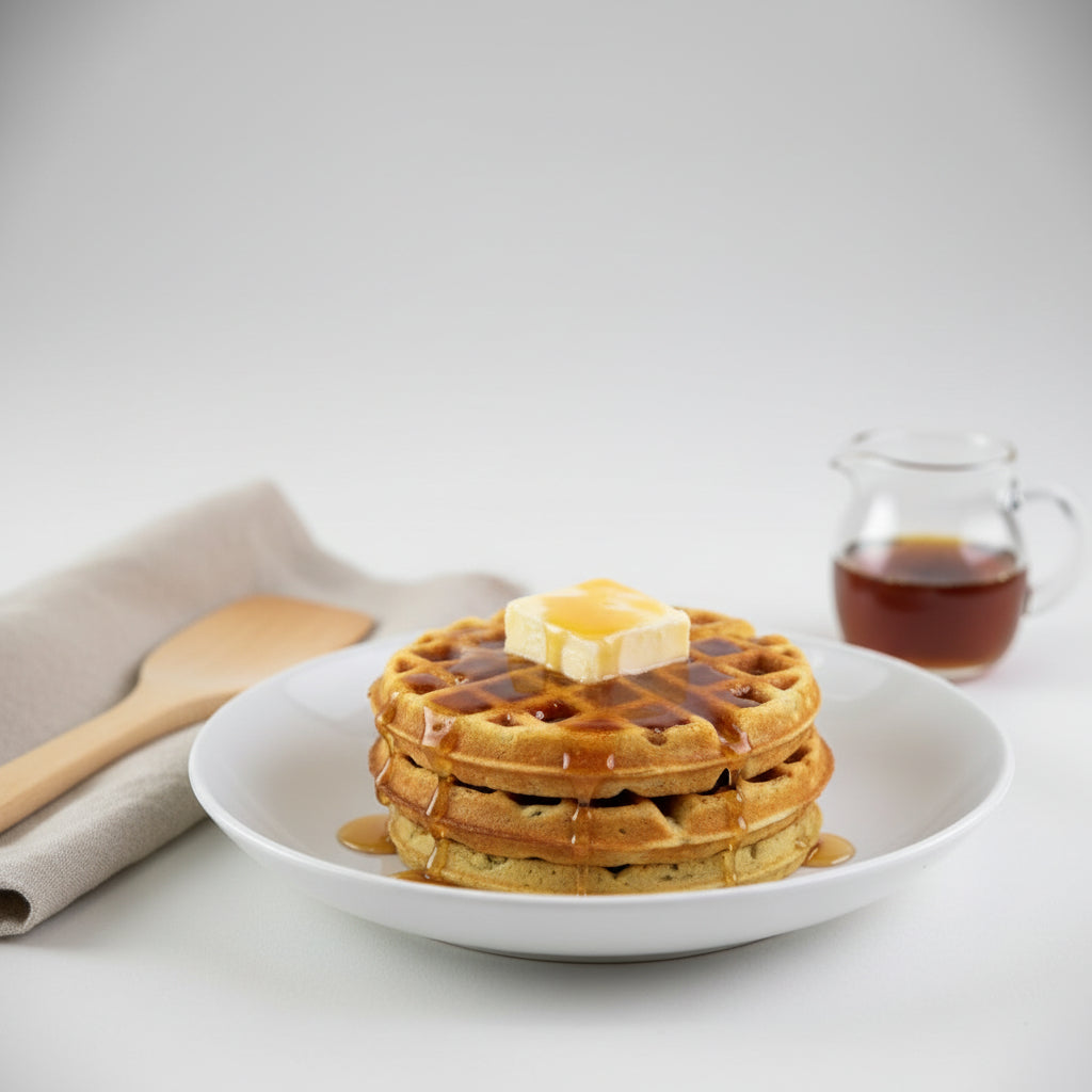 Pumpkin spice waffles made with Monin Spiced Pumpkin Purée, topped with butter and maple syrup for a warm fall breakfast.