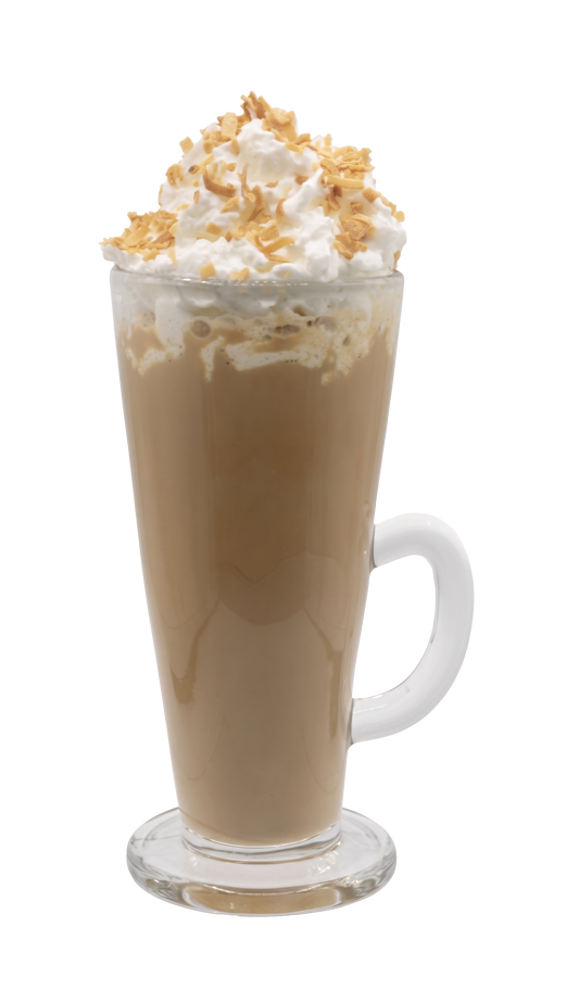 glass drink filled with coconut latte and coconut garnish on top