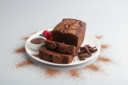 Chocolate loaf cake with two slices on a white background