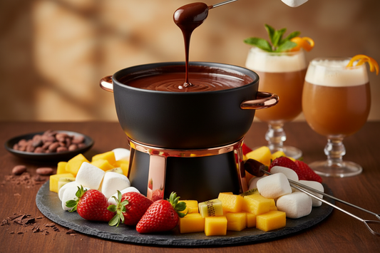 Chocolate fondue set with fruits, marshmallows, and drinks on a wooden table.