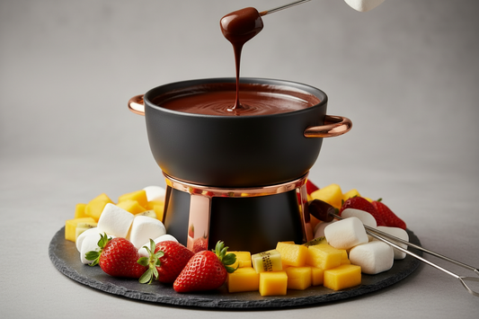 Chocolate fondue pot with dipping fruits and marshmallows on a gray background