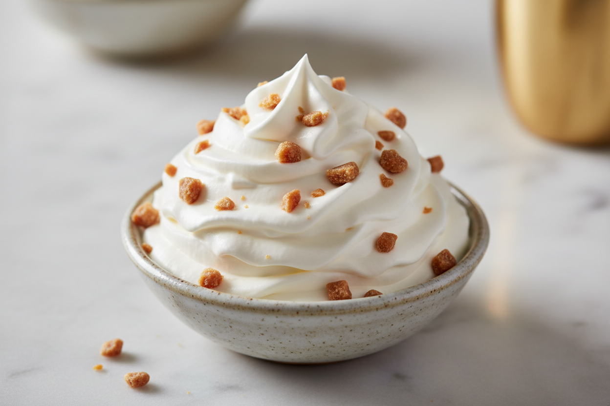 Bowl of whipped cream with toffee
 on a marble surface