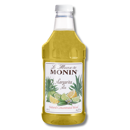 A 64oz plastic bottle of Monin Margarita Mix natural concentrated blend, featuring a white label with illustrations of limes and pineapple, on a white background with a soft drop shadow.
