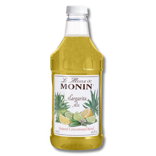 A 64oz plastic bottle of Monin Margarita Mix natural concentrated blend, featuring a white label with illustrations of limes and pineapple, on a white background with a soft drop shadow.